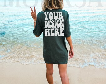 Bella Canvas 3001 Heather Forest Shirt Mock up | Bella Canvas Model Tshirt Back Mockup | BC Oversized 3001 Tee Mockup | Summer Beach Mockup