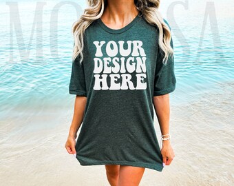 Bella Canvas 3001 Heather Forest Shirt Mock up | Bella Canvas Model Tshirt Mockup | BC Oversized Shirt 3001 Tee Mockup | Summer Beach Mockup