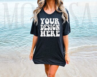 Bella Canvas 3001 Heather Dark Gray Shirt Mock up | Bella Canvas Model Tshirt Mockup | BC Oversized 3001 Tee Mockup | Summer Beach Mockup
