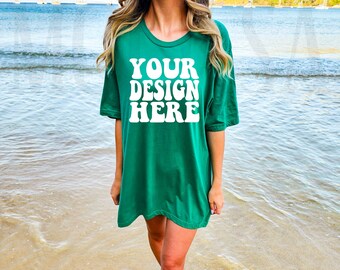 Bella Canvas 3001 Kelly Shirt Mock up | Bella Canvas BC Model Tshirt Mockup | BC Green Oversized Shirt 3001 Tee Mockup | Summer Beach Mockup