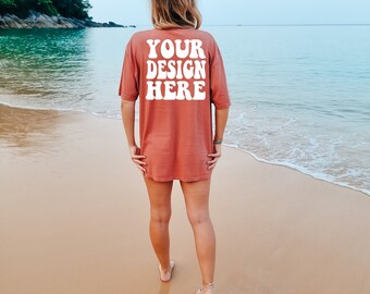 Comfort Colors C1717 Cumin Shirt Back Mockup | Cumin Tshirt | Oversized Mockup | Model Mock Up | Comfort Color Shirt Mockup | Summer Beach