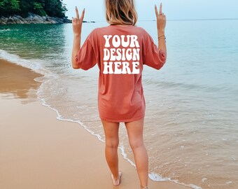 Comfort Colors C1717 Cumin Shirt Back Mockup | Cumin Tshirt | Oversized Mockup | Model Mock Up | Comfort Color Shirt Mockup | Summer Beach