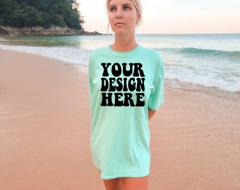 Comfort Colors C1717 Island Reef Shirt Mockup | Green Tshirt | Oversized Mockup | Model Mock Ups | Comfort Color Shirt Mockup | Summer Beach