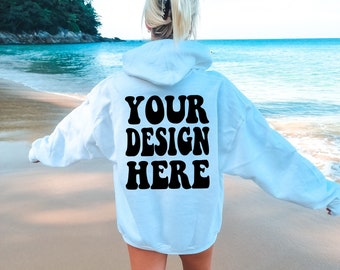 Gildan 18500 Mockup | Gildan White Hoodie Back Mock up | G185 Model Mockup | Oversized Hoodie Mockup | White Sweater Beach Mockup | Summer