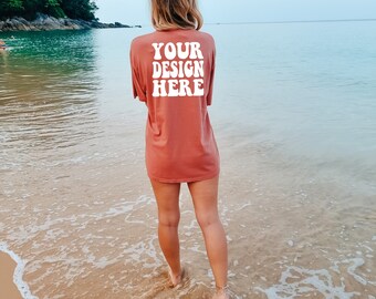 Comfort Colors C1717 Cumin Shirt Back Mockup | Cumin Tshirt | Oversized Mockup | Model Mock Up | Comfort Color Shirt Mockup | Summer Beach
