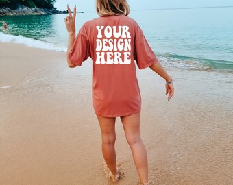 Comfort Colors C1717 Cumin Shirt Back Mockup | Cumin Tshirt | Oversized Mockup | Model Mock Up | Comfort Color Shirt Mockup | Summer Beach