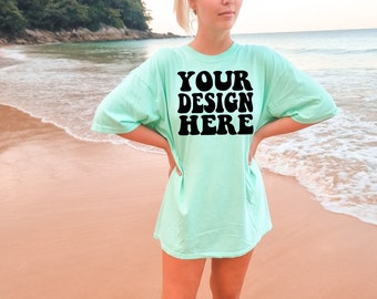Comfort Colors C1717 Island Reef Shirt Mockup | Green Tshirt | Oversized Mockup | Model Mock Ups | Comfort Color Shirt Mockup | Summer Beach