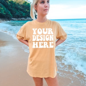 Comfort Colors C1717 Mustard Shirt Mockup | Mustard Tshirt | Oversized Mockup | Model Mock Ups | Comfort Color Shirt Mockup | Summer Beach
