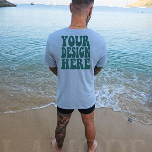 Bella Canvas 3001 Light Blue Shirt Mock up | Bella Canvas Tshirt Male Mockup | 3001 Tee Man Model Back Mockup | Mens Summer Beach Mockup
