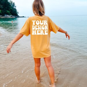 Comfort Colors C1717 Mustard Shirt Back Mockup | Mustard Tshirt Oversized Mockup | Model Mock Up | Comfort Color Shirt Mockup | Summer Beach