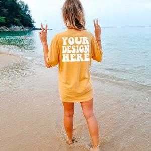 Comfort Colors C1717 Mustard Shirt Back Mockup | Mustard Tshirt Oversized Mockup | Model Mock Up | Comfort Color Shirt Mockup | Summer Beach