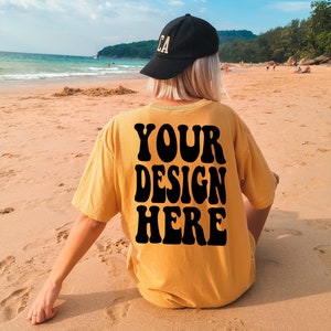 Comfort Colors C1717 Mustard Shirt Mockup | Mustard Tshirt | Oversized Mockup | Model Back Mock Ups | Comfort Color Shirt | Summer Beach