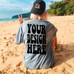 Comfort Colors C1717 Blue Jean Shirt Mockup | Blue Jean Tshirt | Oversized Mockup | Model Back Mock Ups | Comfort Color Shirt | Summer Beach