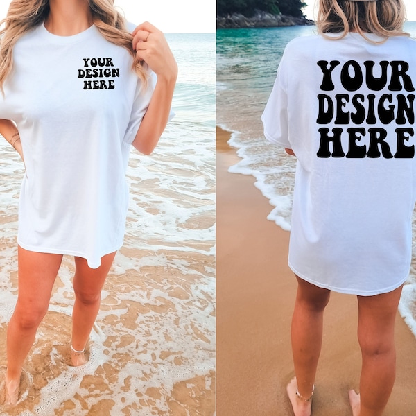 Comfort Colors C1717 White Shirt Mockup | White Tshirt | Oversized Backside Mockup | Model Mock Up | Front and Back Mockup | Summer Beach