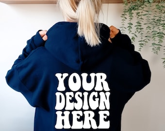 Gildan 18500 Mockup | Gildan Navy Blue Hoodie Back Mock up | G185 Model Mockups | Oversized Navy Back Of Hoodie Mockup | Cozy Boho Lifestyle