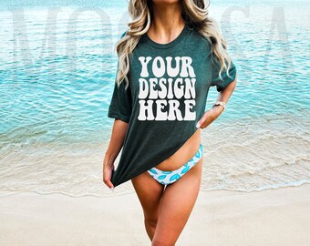 Bella Canvas 3001 Heather Forest Shirt Mock up | Bella Canvas Model Tshirt Mockup | BC Oversized Shirt 3001 Tee Mockup | Summer Beach Mockup