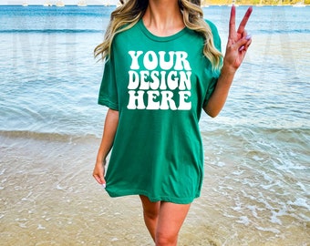 Bella Canvas 3001 Kelly Shirt Mock up | Bella Canvas BC Model Tshirt Mockup | BC Green Oversized Shirt 3001 Tee Mockup | Summer Beach Mockup