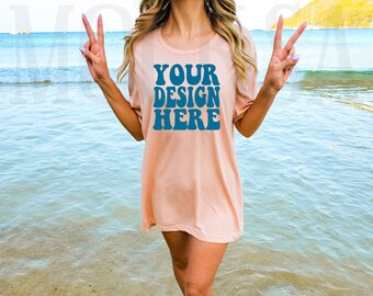 Bella Canvas 3001 Heather Peach Shirt Mock up | Bella Canvas Model Tshirt Mockup | BC Oversized Shirt 3001 Tee Mockup | Summer Beach Mockup