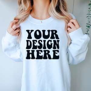 Gildan White 18000 Mockup | Gildan Sweater Mock up | Oversized Sweatshirt Model Mockup | Front Gildan White G180 Mockup | Cozy Boho Chic