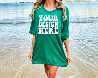 Bella Canvas 3001 Kelly Shirt Mock up | Bella Canvas BC Model Tshirt Mockup | BC Green Oversized Shirt 3001 Tee Mockup | Summer Beach Mockup
