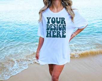 Bella Canvas 3001 White Shirt Mock up | Bella Canvas BC Model White Tshirt Mockup | BC Oversized Shirt 3001 Tee Mockup | Summer Beach Mockup