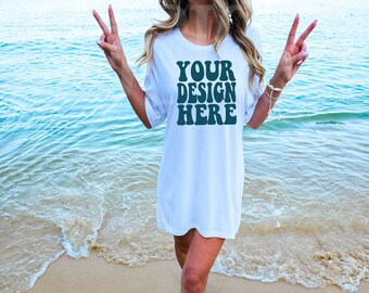 Bella Canvas 3001 White Shirt Mock up | Bella Canvas BC Model White Tshirt Mockup | BC Oversized Shirt 3001 Tee Mockup | Summer Beach Mockup