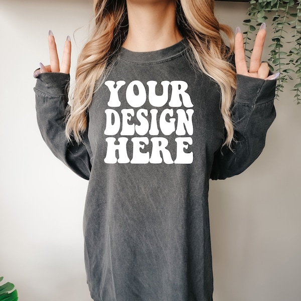 Comfort Colors C6014 Longsleeve Pepper Shirt Mockup | CC6014 Pepper Tshirt | Oversized Mockup | Long-Sleeve Model Mockups | Cozy Boho Studio