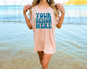 Bella Canvas 3001 Heather Peach Shirt Mock up | Bella Canvas Model Tshirt Mockup | BC Oversized Shirt 3001 Tee Mockup | Summer Beach Mockup