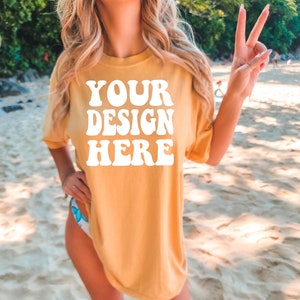Comfort Colors C1717 Mustard Shirt Mockup | Mustard Tshirt | Oversized Mockup | Model Mock Ups | Comfort Color Shirt Mockup | Summer Beach