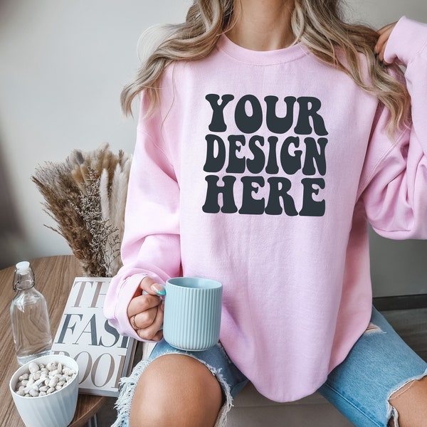 Gildan Light Pink 18000 Mockup | Gildan Sweater Mock up | Oversized Sweatshirt Model Mockup | Gildan Light Pink G180 Mockup | Cozy Boho Chic