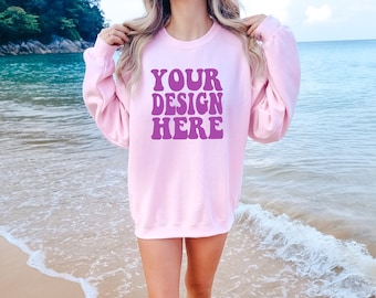 Gildan Light Pink 18000 Front Mockup / Gildan Sweater Mock up / Oversized Sweatshirt Model Mockup / Light Pink G180 Mockup / Summer Beach
