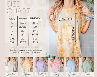 Comfort Colors CC1745 Color Blast Citrine Shirt Size Chart | Unisex Blast Tshirt Size Chart | Tie Dye Shirt Model Sizing | Size Chart USA