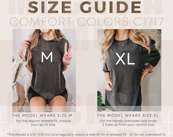 Comfort Colors C1717 Shirt Size Guide | Unisex Pepper Tshirt Mockup Size Chart | Model Sizing Comfort Color Oversized Tee | Front Chart USA