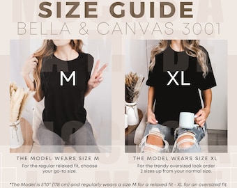 Bella Canvas 3001 Shirt Size Guide | Unisex Black Tshirt Mockup Size Chart | Model Mockup Sizing BC 3001 Oversized Tee | Front Chart USA