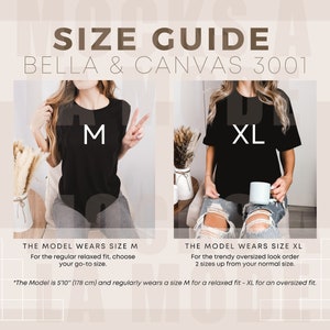 Bella Canvas 3001 シャツ サイズ ガイド | ユニセックス ブラック T シャツ モックアップ サイズ表 | モデル モックアップ サイズ BC 3001 オーバーサイズ T シャツ | フロント チャート USA