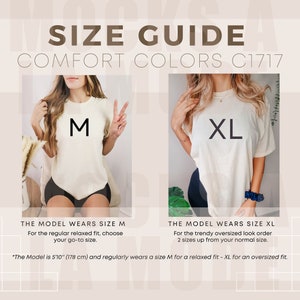 Comfort Colors C1717 Größentabelle für Shirts | Unisex Ivory Tshirt Mockup Größentabelle | Modell Größe Komfort Farbe Übergroße T-Shirt | Vorderseite Schaubild USA