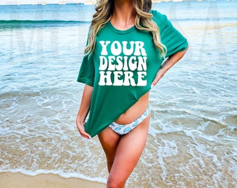 Bella Canvas 3001 Kelly Shirt Mock up | Bella Canvas BC Model Tshirt Mockup | BC Green Oversized Shirt 3001 Tee Mockup | Summer Beach Mockup
