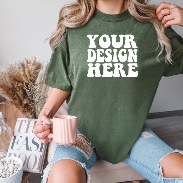 Comfort Colors C1717 Hemp Shirt Mockup | CC Green Tshirt | Oversized Mockup | Model Mock Up | Comfort Color Shirt Mockup | Boho Aesthetic