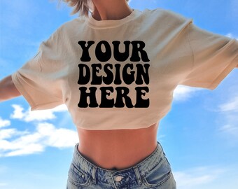 Comfort Colors C1717 Ivory Shirt Mockup | Ivory Tshirt | Crop Top Mockup | Model Mock Up | Ivory Comfort Color Shirt Mock | Summer Beach