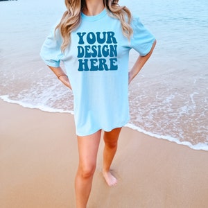 Comfort Colors C1717 Chambray Shirt Mockup | Chambray Tshirt | Oversized Mockup | Modell Mock Up | Comfort Color Shirt Mockup | Sommer Strand