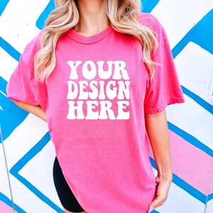 Comfort Colors C1717 Crunchberry Shirt Mockup | Pink Tshirt | Oversized Mockup | Model Mock Up | Comfort Color Shirt Mockup | Summer Beach