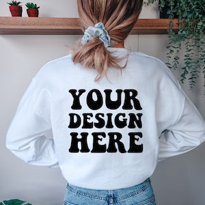 Gildan 18000 Mockup | Gildan White Sweater Mock up | Sweatshirt Model Mockup | White 18000 | Back Gildan White G180 Mock | Cozy Boho Chic