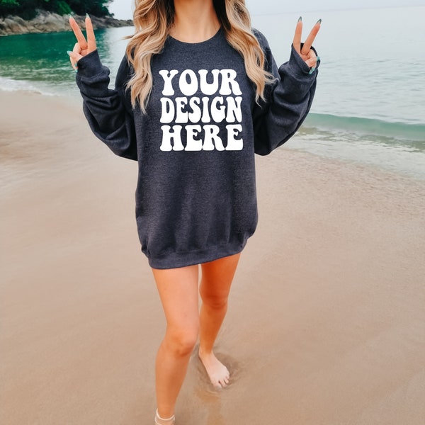 Gildan Dark Heather 18000 Sweater Mockup | Grey Gildan Sweater Mock up | Oversized Sweatshirt Model Mockup | Gray G180 Mockup | Summer Beach