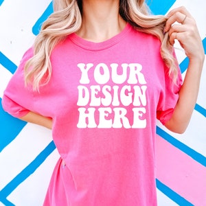 Comfort Colors C1717 Crunchberry Shirt Mockup | Pink Tshirt | Oversized Mockup | Model Mock Up | Comfort Color Shirt Mockup | Summer Beach