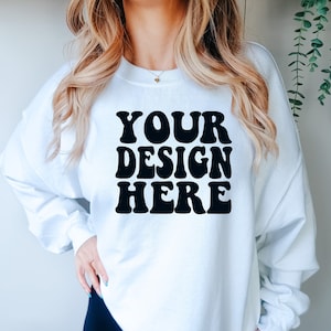 Gildan White 18000 Mockup | Gildan Sweater Mock up | Oversized Sweatshirt Model Mockup | Front Gildan White G180 Mockup | Cozy Boho Chic