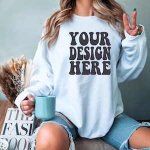Gildan White 18000 Mockup | Gildan Sweater Mock up | Oversized Sweatshirt Model Mockup | Front Gildan White G180 Mockup | Cozy Boho Chic