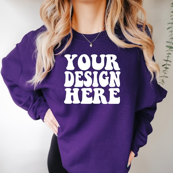 Gildan Purple 18000 Mockup | Gildan Sweater Mock up | Oversized Sweatshirt Model Mockup | Front Gildan Purple G180 Mockup | Cozy Boho Chic