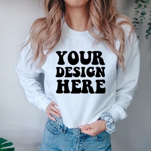 Gildan 18000 Mockup | Gildan White Sweater Mock up | Sweatshirt Model Mockup | White 18000 | Front Gildan White G180 Mock | Cozy Boho Chic