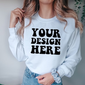 Gildan 18000 Mockup | Gildan White Sweater Mock up | Sweatshirt Model Mockup | White 18000 | Front Gildan White G180 Mock | Cozy Boho Chic