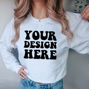 Gildan 18000 Mockup | Gildan White Sweater Mock up | Sweatshirt Model Mockup | White 18000 | Front Gildan White G180 Mock | Cozy Boho Chic